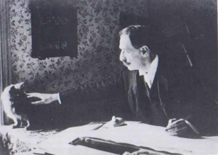 Louis Wain (1860–1939) at his drawing table, photographed in 1890. Public domain period photograph.