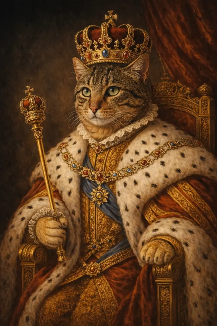 A cat rendered in the Royal King register — a Pet Pic Portraits style sampler generated from a stock cat photograph.