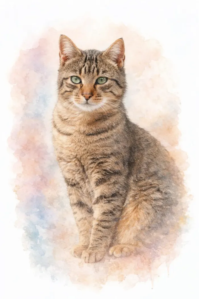A cat rendered in the Watercolor register — a Pet Pic Portraits style sampler generated from a stock cat photograph.