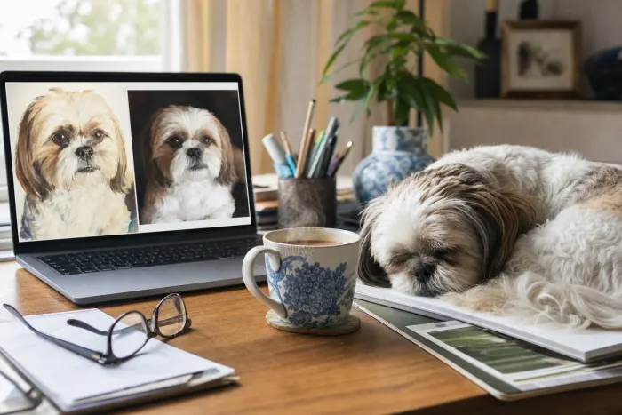 Mercy's reviewing desk with a finished dog portrait pinned beside the source photograph it was rendered from. Pet Pic Portraits.