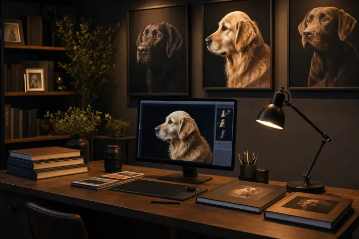 The studio reviewing room — where Mercy compares each rendered portrait against the source photograph before it ships. Pet Pic Portraits, Tampa, FL.