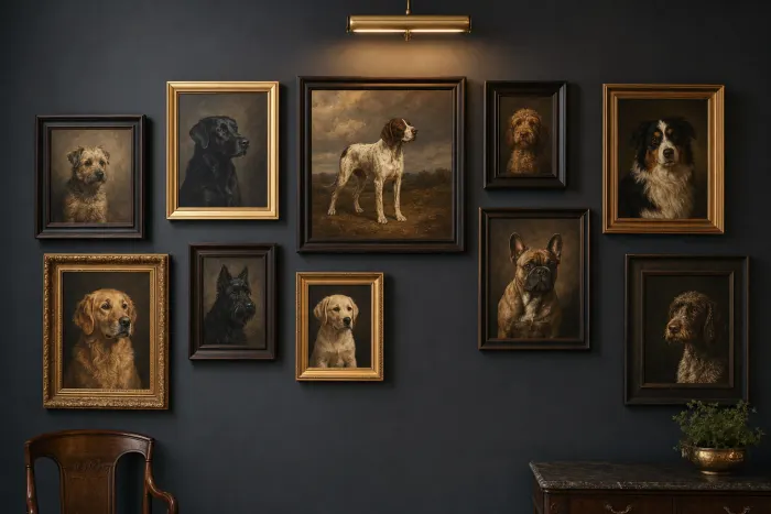 A wall of finished dog oil portraits awaiting review — a working sample of the studio's classical-oil commissions. Pet Pic Portraits.