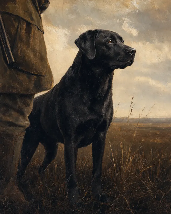 A classical-oil dog painting from the seasonal exhibition: The Patient Retriever — Black Labrador, beside the gun. Pet Pic Portraits.