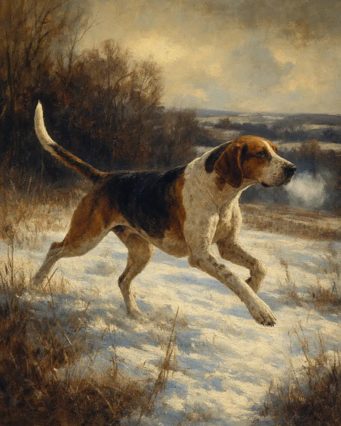 A classical-oil dog painting from the seasonal exhibition: Across the Field — Foxhound, mid-stride. Pet Pic Portraits.