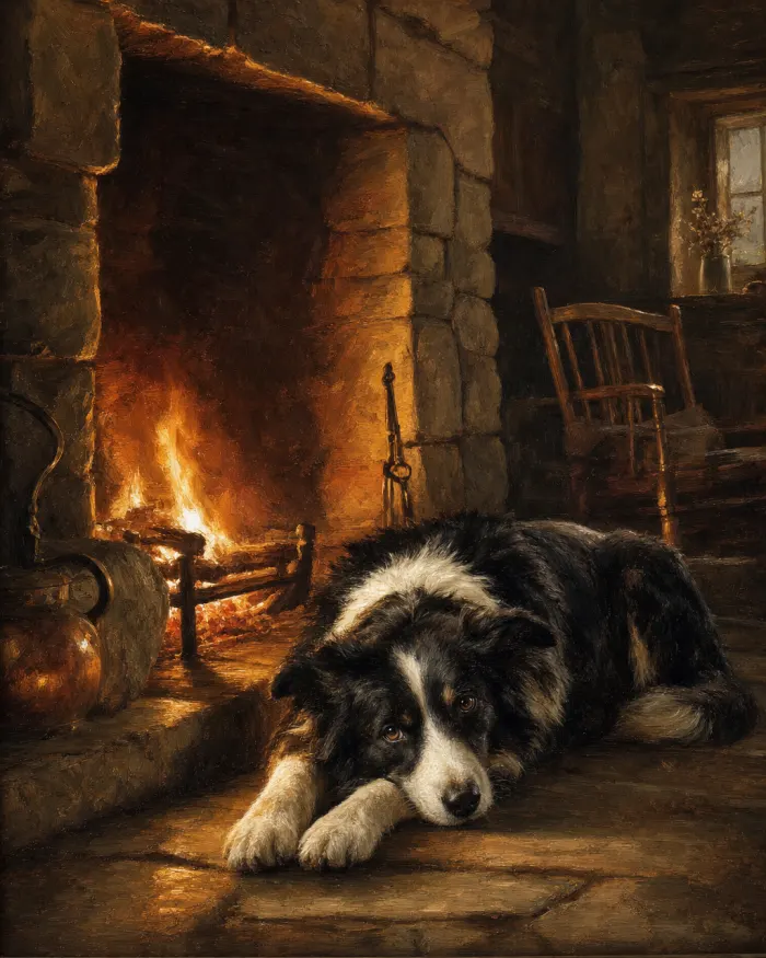 A classical-oil dog painting from the seasonal exhibition: At the Hearth — Border Collie, at rest. Pet Pic Portraits.