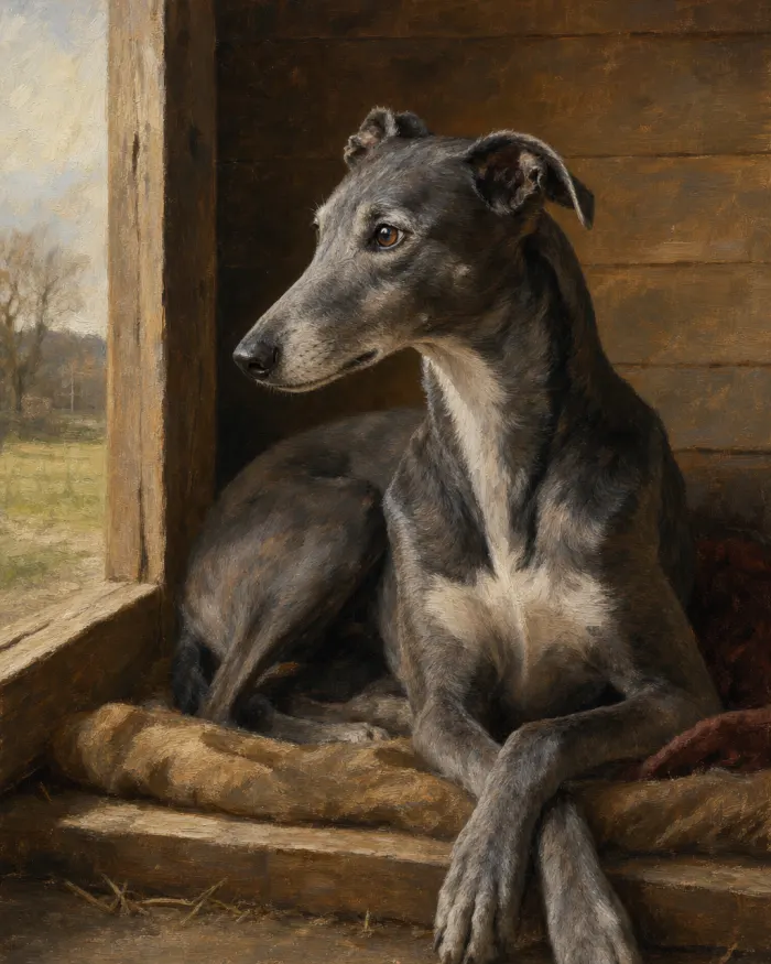 A classical-oil dog painting from the seasonal exhibition: The Kennel Dog — Greyhound, at the threshold. Pet Pic Portraits.