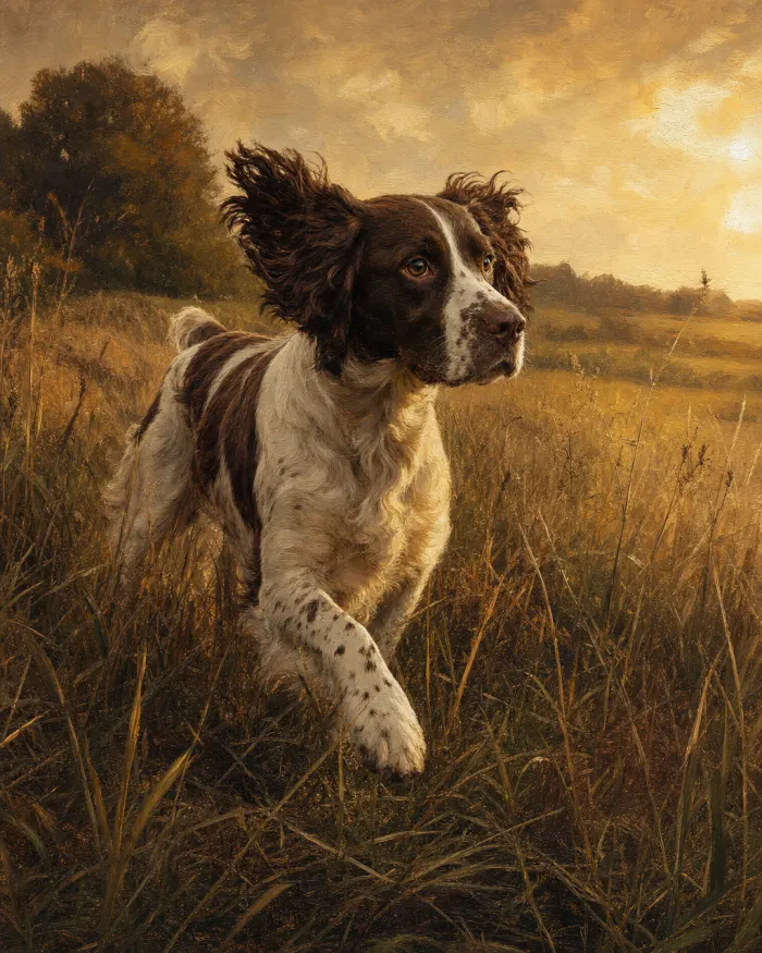 A classical-oil dog painting from the seasonal exhibition: Through the Grass — English Springer Spaniel, mid-step. Pet Pic Portraits.