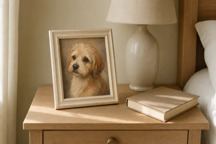 A framed dog oil painting shown in situ — bedside · small format. Pet Pic Portraits.