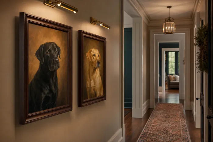 A framed dog oil painting shown in situ — hallway · framed pair. Pet Pic Portraits.