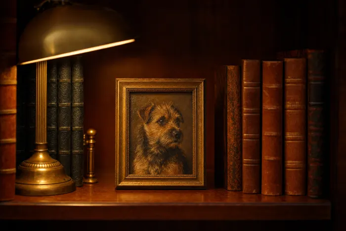 A framed dog oil painting shown in situ — library shelf · scale study. Pet Pic Portraits.