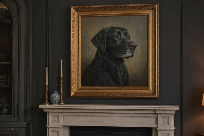 A framed dog oil painting shown in situ — above the mantel · in situ. Pet Pic Portraits.