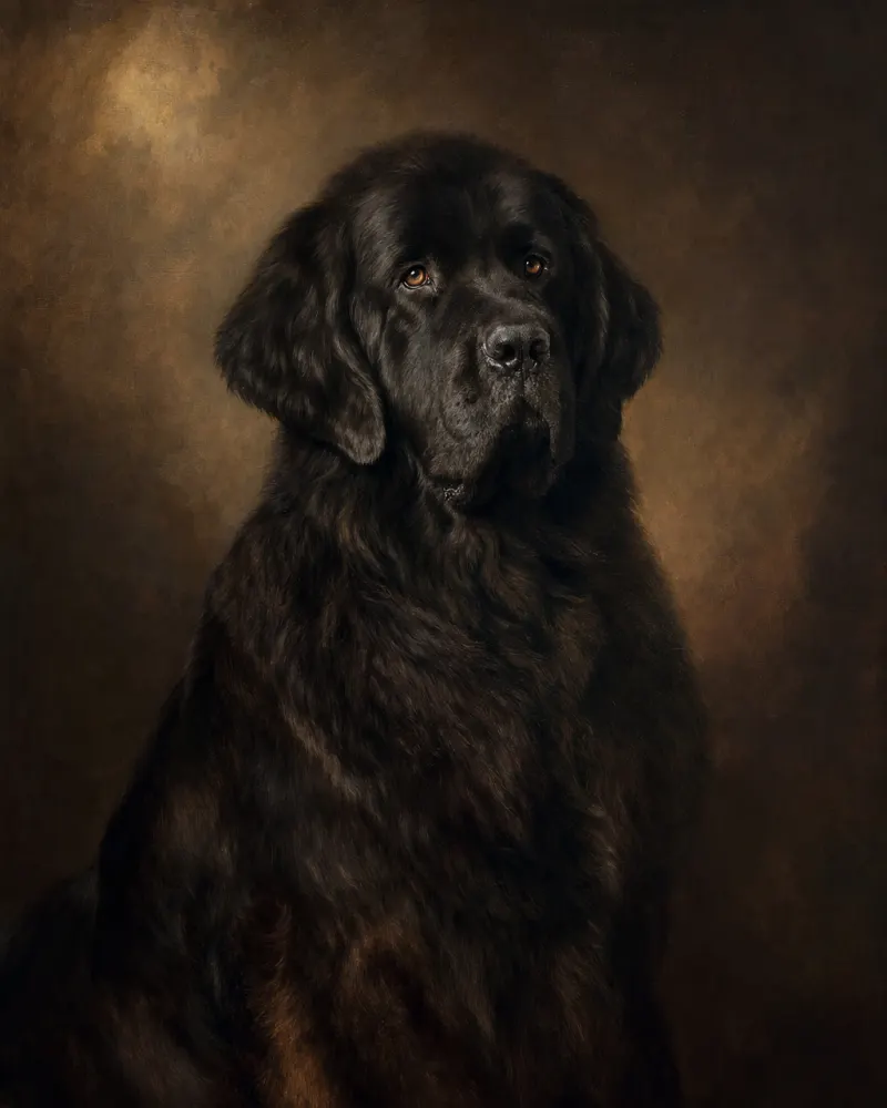 A modern classical-oil dog portrait commissioned in the same visual register as the Victorian antiques — the contemporary equivalent buyers reach for when an antique is not available.