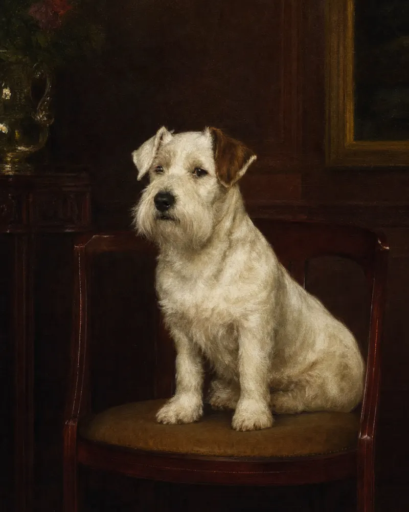 An antique-style dog oil painting of an aristocratic spaniel in the Victorian register — warm tones, dark studio ground, the picture of a 19th-century portrait subject.