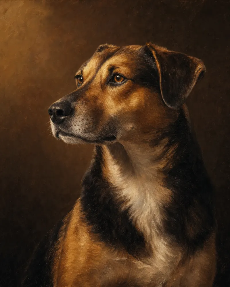A modern dog portrait commissioned through Pet Pic Portraits — AI-rendered in the classical-oil register and hand-reviewed by Mercy before it ships.