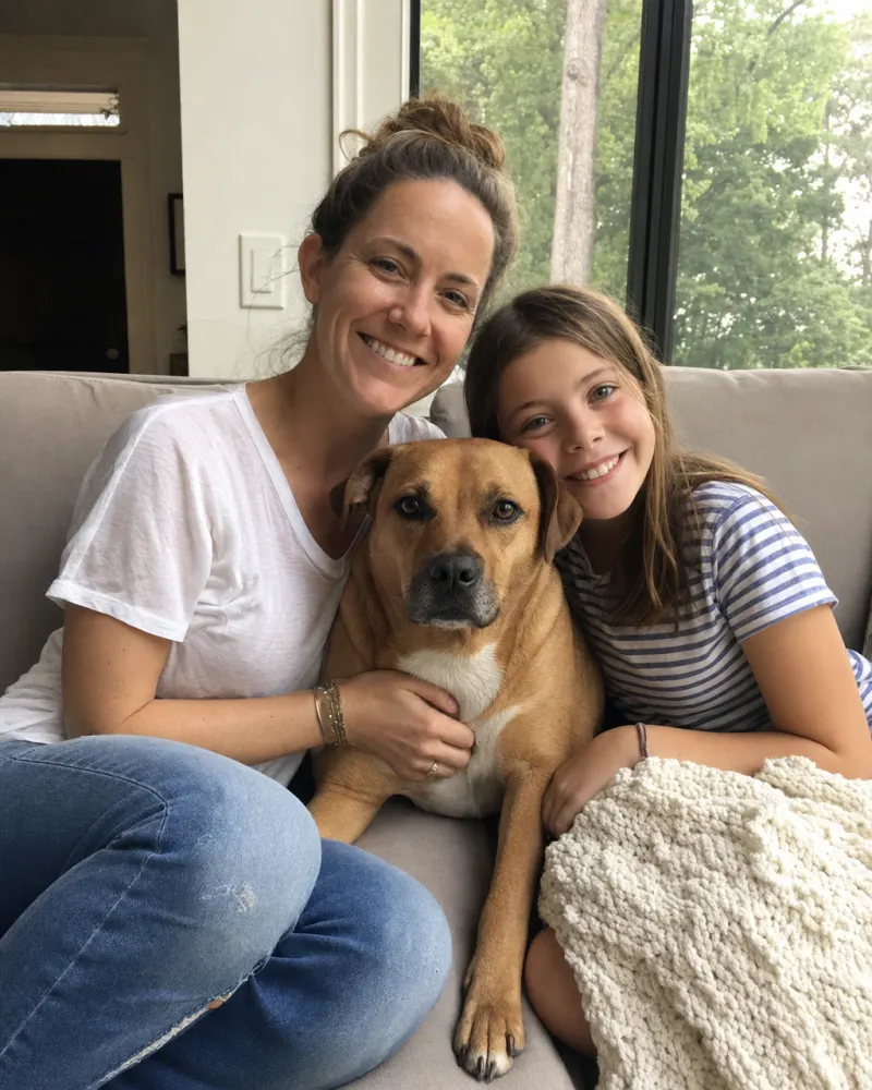 A family photograph with the dog present in the composition — the source image the studio renders the family portrait from.