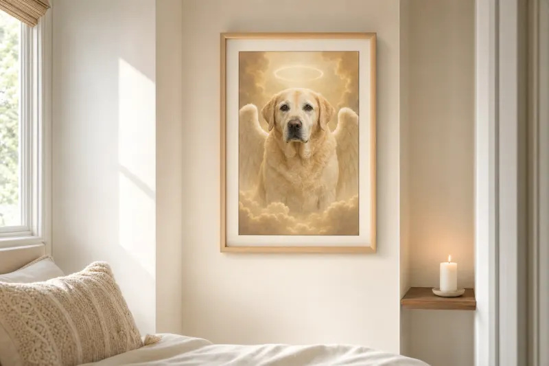 A memorial dog portrait in the Angel register — halo, soft wings, the dog's name in serif gold beneath. The softer of the two memorial registers offered by the studio.
