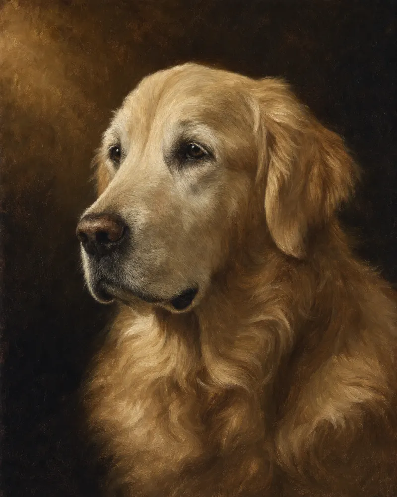 A memorial portrait of a senior dog rendered in the classical-oil register — composed with restraint, no theatrical sadness, only the dog as he was. Pet Pic Portraits.