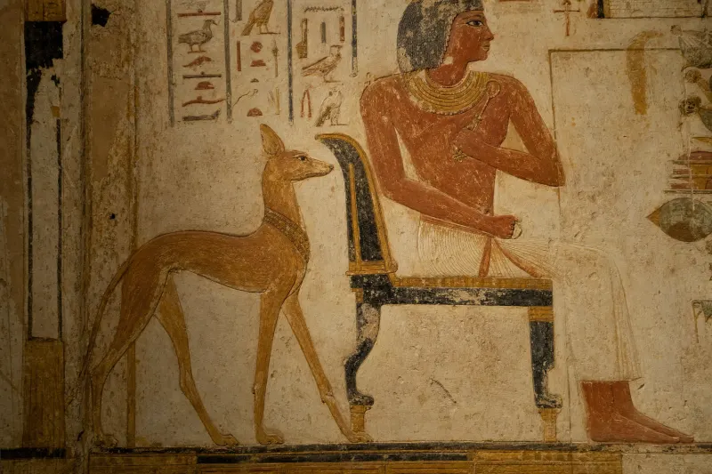 A classical-oil dog painting illustrating the section: Ancient Egypt: The Dog as Household and Sacred Figure. Pet Pic Portraits / dogoilpaintings.com.