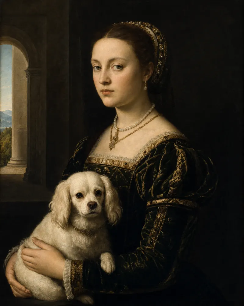 A classical-oil dog painting illustrating the section: The Threshold of the Modern. Pet Pic Portraits / dogoilpaintings.com.