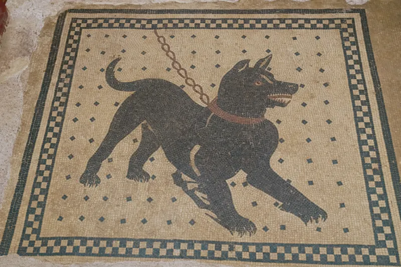 A classical-oil dog painting illustrating the section: Greece and Rome: The Warning at the Door. Pet Pic Portraits / dogoilpaintings.com.