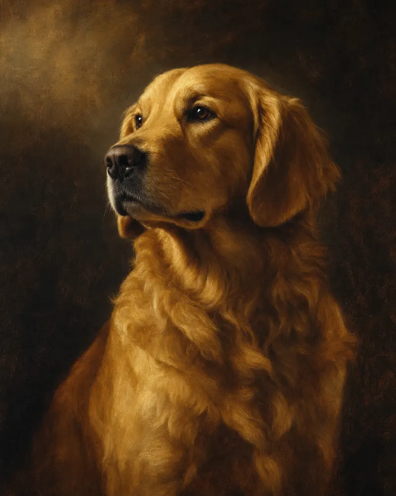 A finished classical-oil dog portrait alongside its source photograph — the comparison Mercy performs before approving any commission to ship.