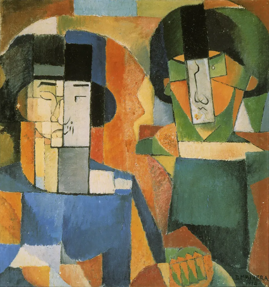 Diego Rivera, Portrait de Messieurs Kawashima et Foujita (1914) — Cubist oil and collage on canvas depicting Foujita in his first Paris year.