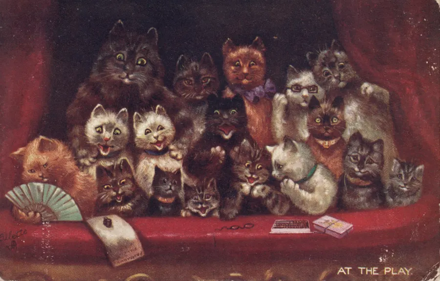 Cats at the Play (c. 1899) by Louis Wain — anthropomorphic cats dressed for the evening, watercolour and ink.