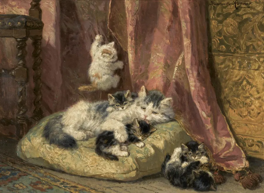 Kittens at Play (c. 1890) by Henriette Ronner-Knip — a litter of kittens on striped cloth.