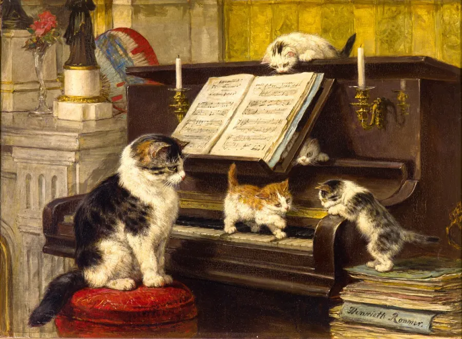 De Pianoles (c. 1885) by Henriette Ronner-Knip — kittens around a piano stool, oil on panel.
