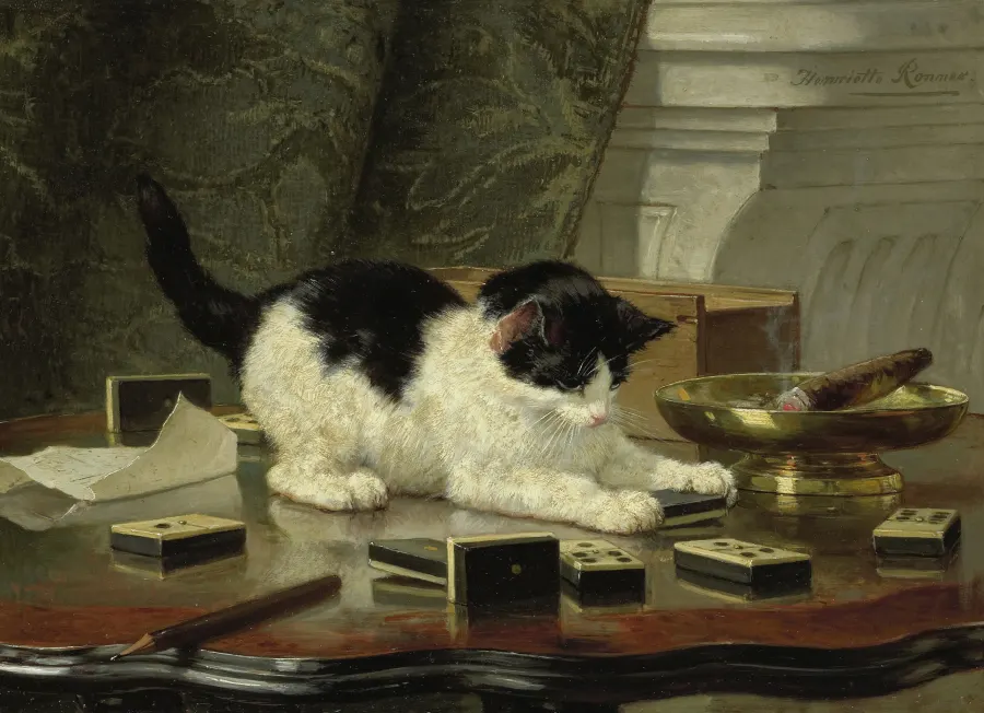 Katjesspel (c. 1875) by Henriette Ronner-Knip — kittens at play on a parlour cushion, oil on panel.