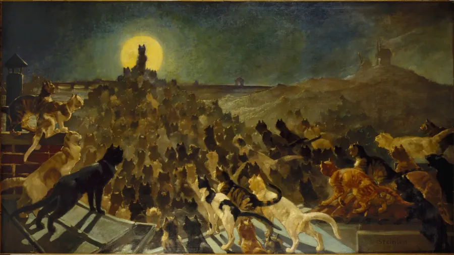 L&rsquo;Apothéose des Chats (c. 1885) by Théophile Steinlen — a wall of cats rising in pen and ink.