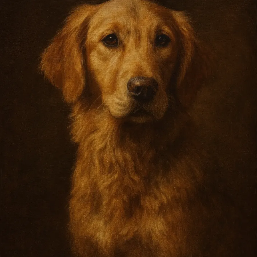 The same dog rendered as a classical oil painting
