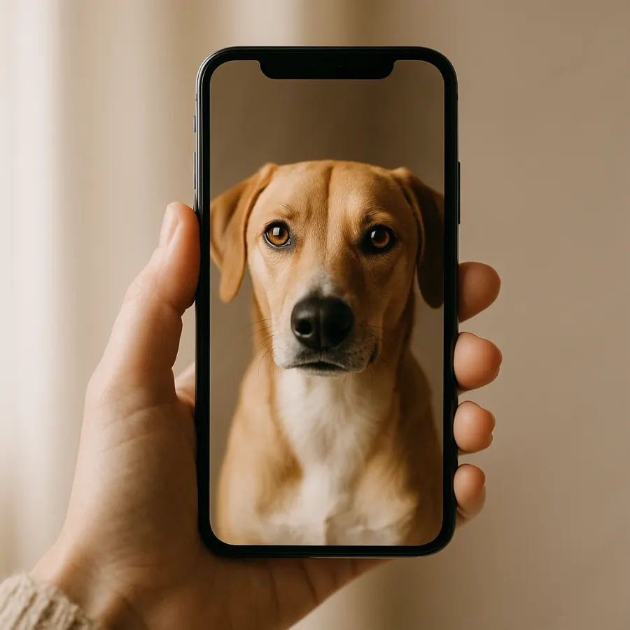 A phone displaying a clean dog photo, held in soft natural light