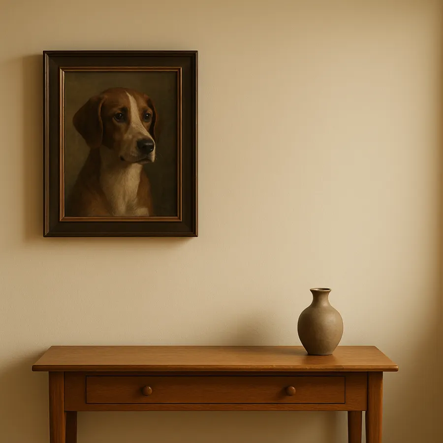 A framed dog painting hanging on a warm cream-painted wall above a wood console table