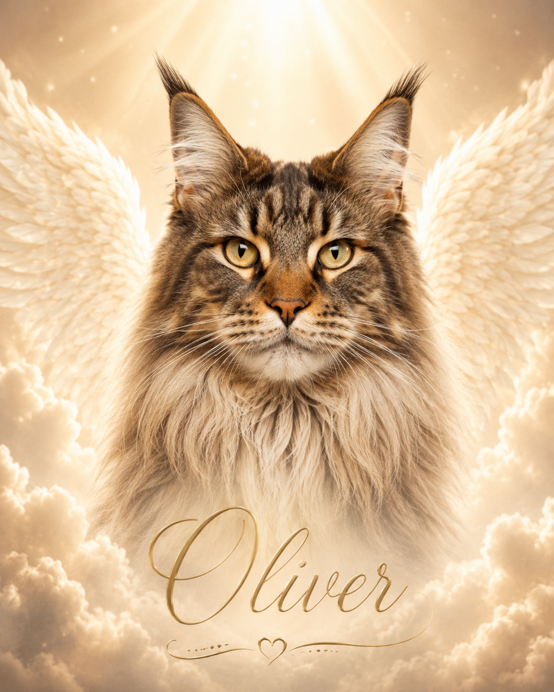 Angel wings memorial pet portrait of a Maine Coon cat named Oliver with delicate wings and a peaceful glow