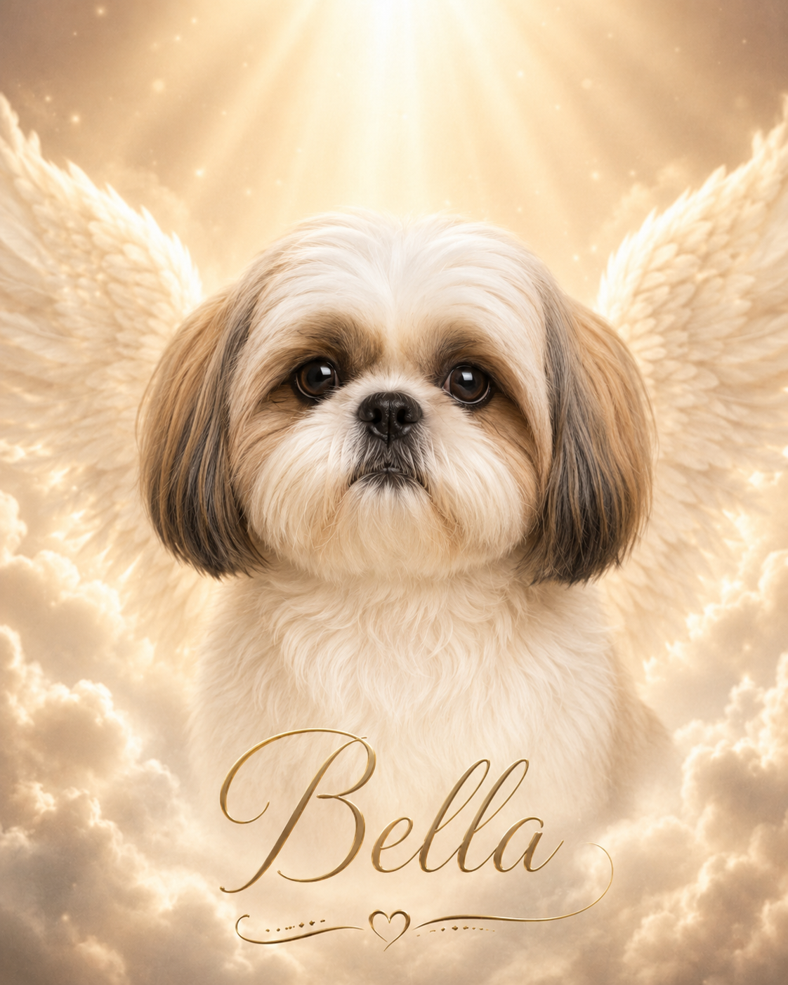Angel wings memorial pet portrait of a Shih Tzu named Bella among heavenly clouds and cream and gold tones