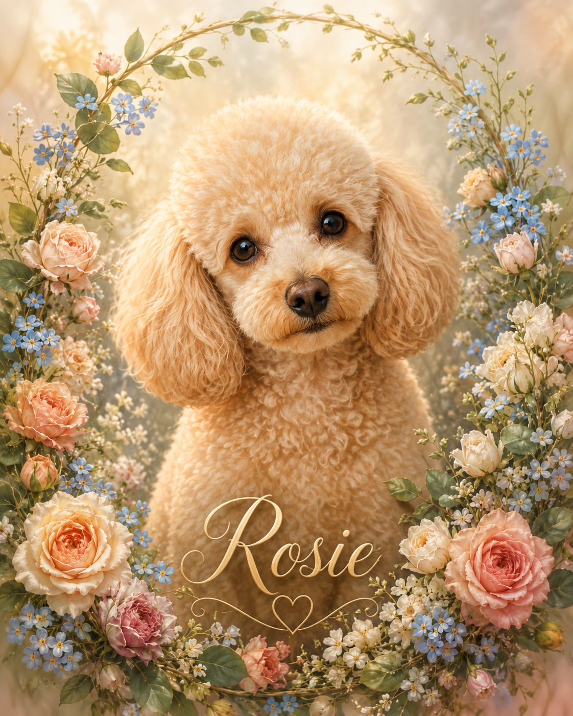 Forever in Bloom floral memorial pet portrait of Rosie, a poodle, surrounded by soft pastel roses and greenery