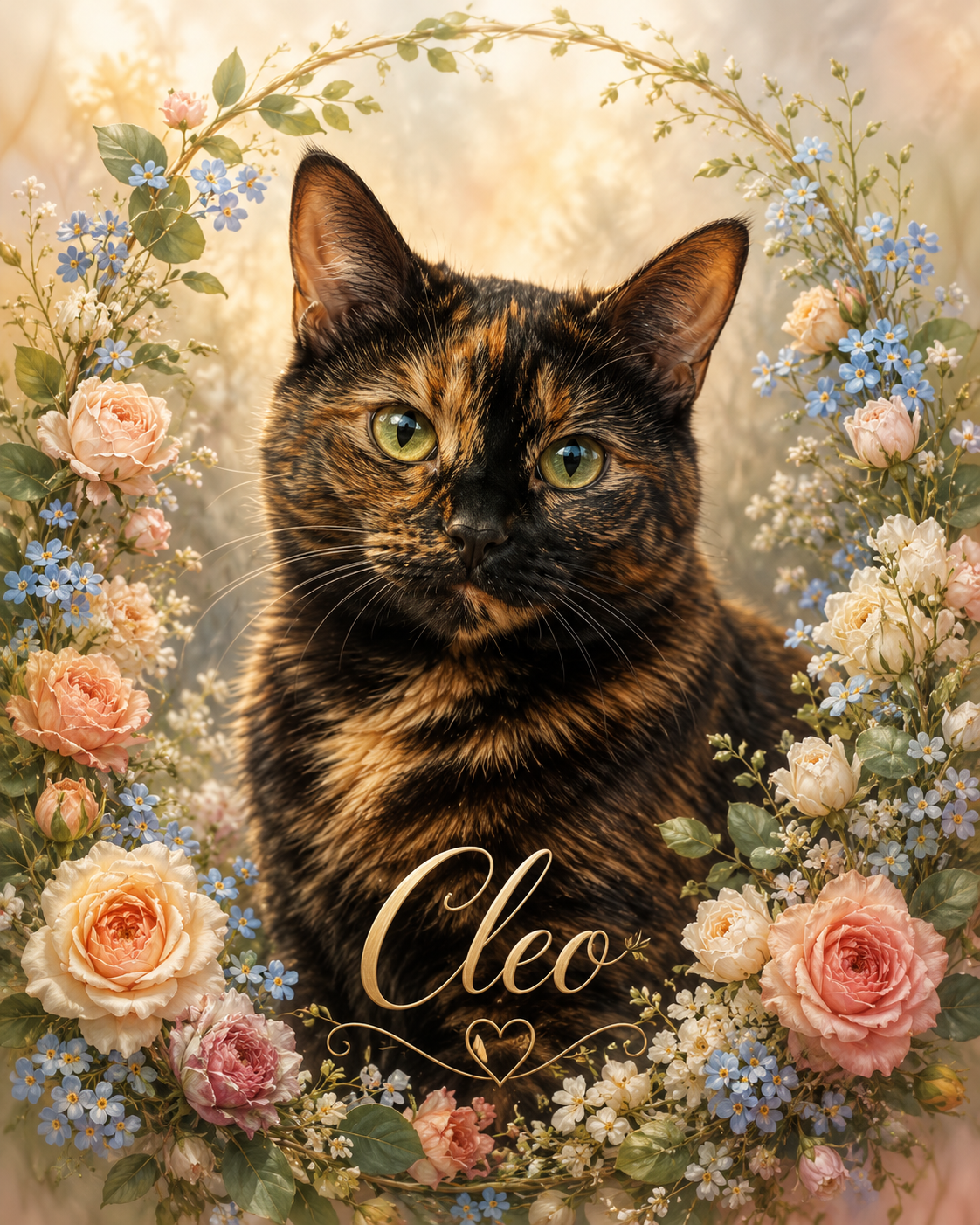 Floral memorial pet portrait of Cleo, a tortoiseshell cat, framed by roses and forget-me-nots in the Forever in Bloom style