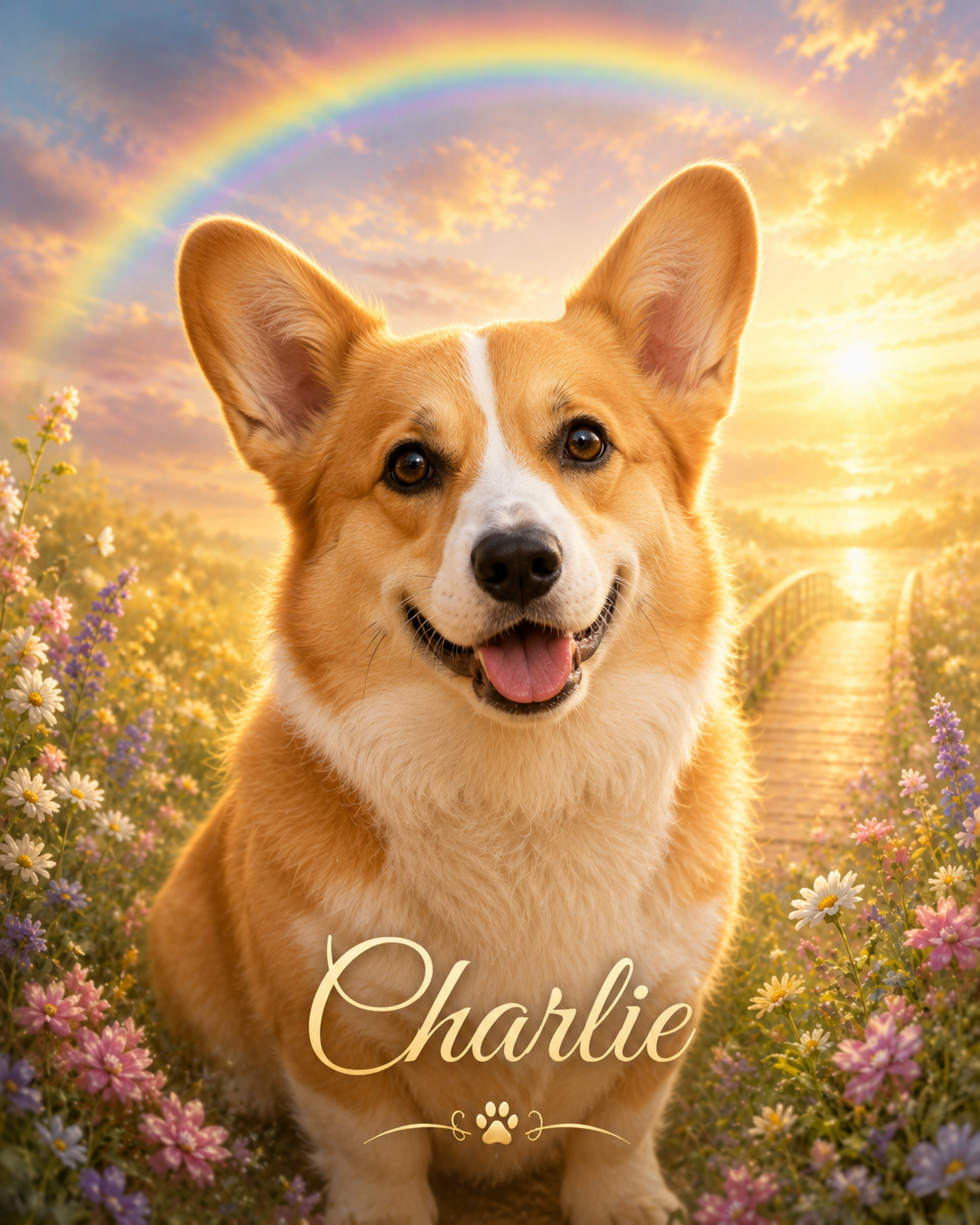 Rainbow bridge memorial portrait of Charlie, a Corgi, beneath a gentle rainbow in warm heavenly light
