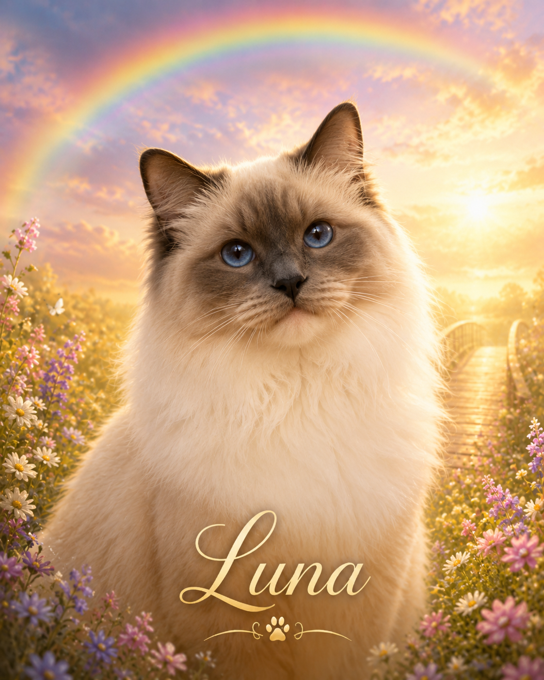 Rainbow bridge pet portrait of Luna, a Ragdoll cat, in a peaceful meadow with golden light and wildflowers