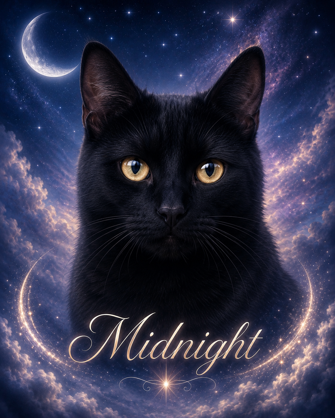 Starlight memorial pet portrait of a black cat named Midnight in a dreamy night sky tribute