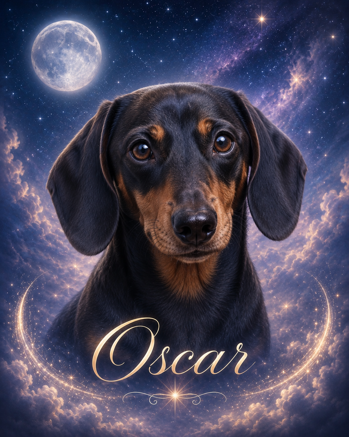 Starlight memorial pet portrait of a Dachshund named Oscar surrounded by gentle stars and cosmic glow