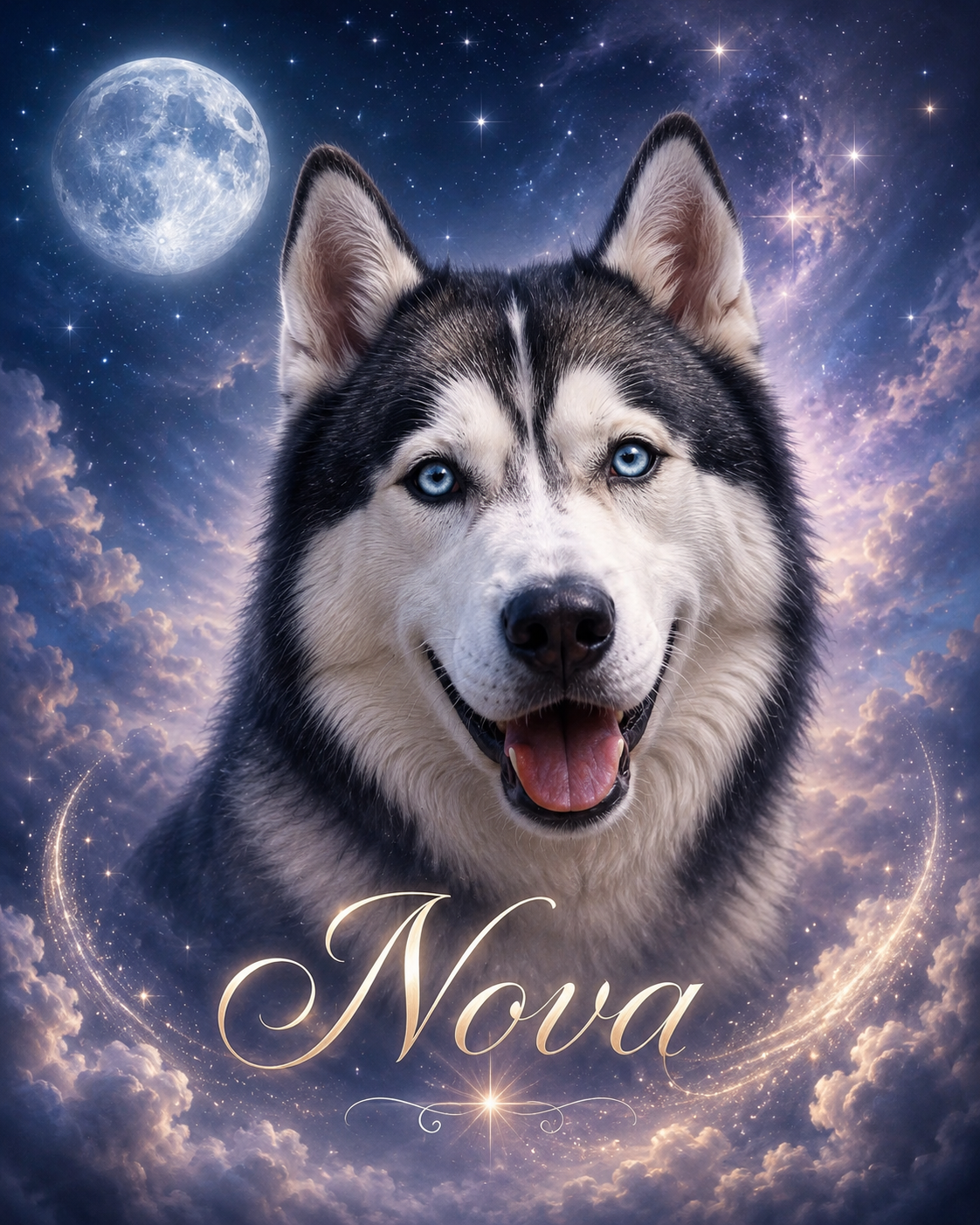 Starlight memorial pet portrait of a Husky named Nova among soft moonlight and tiny stars