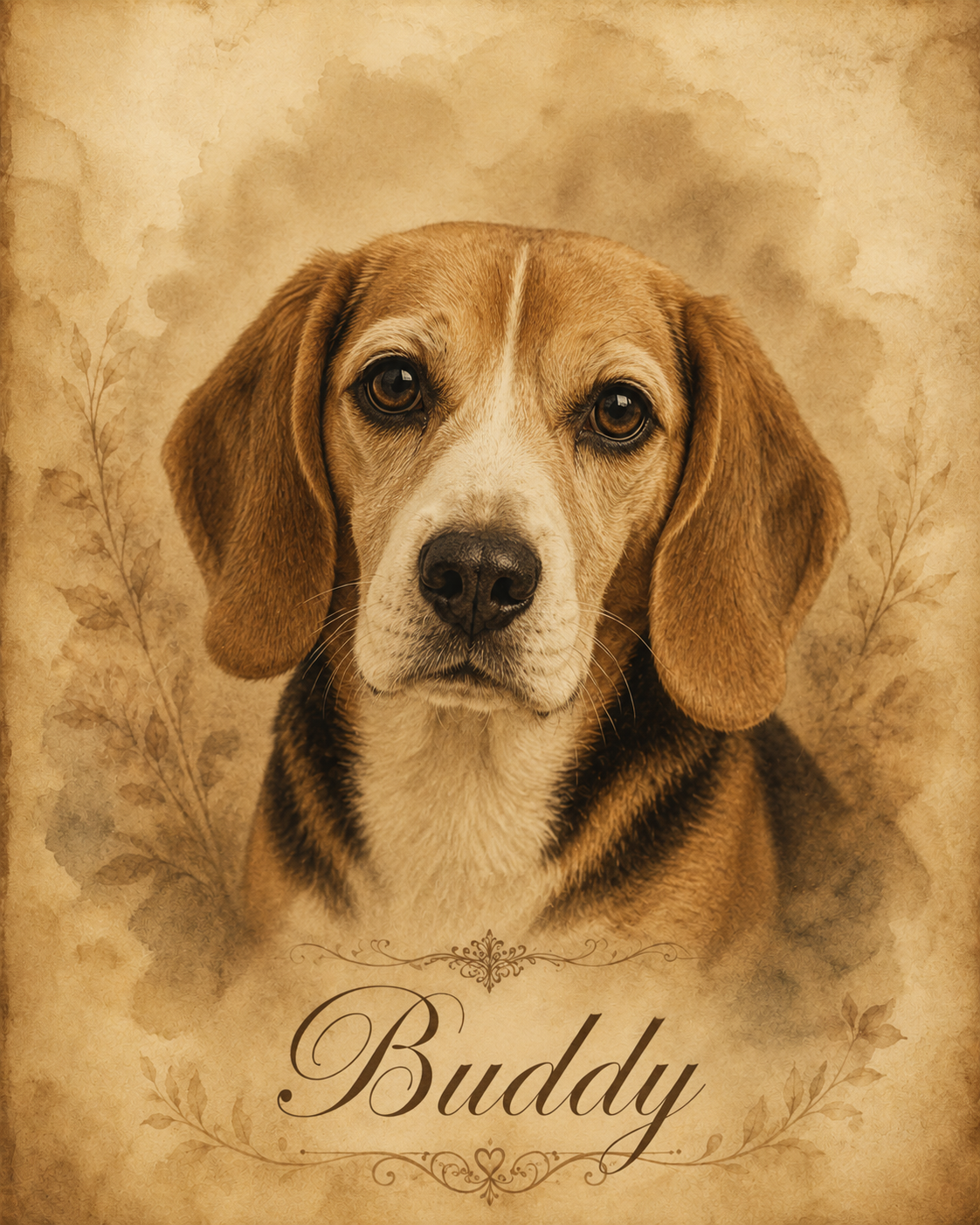Vintage memorial pet portrait of a beagle named Buddy with aged paper texture and faded edges as a remembrance gift