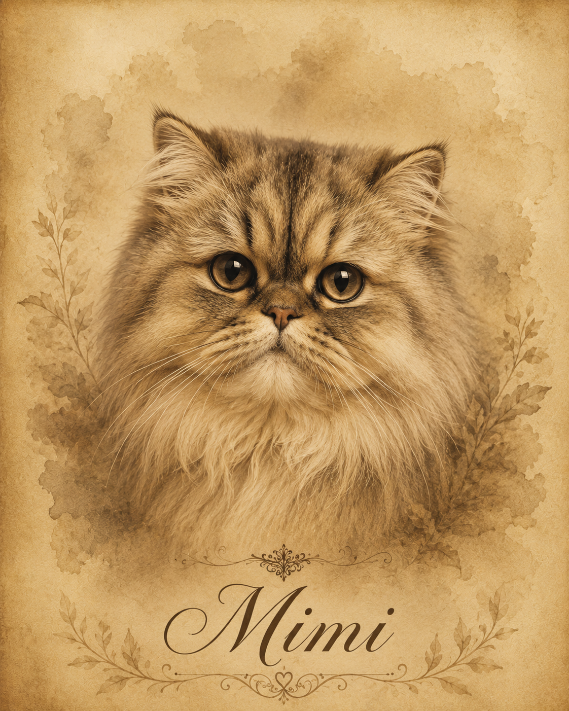 Vintage memorial pet portrait of a Persian cat named Mimi in soft sepia tones, a tender keepsake tribute