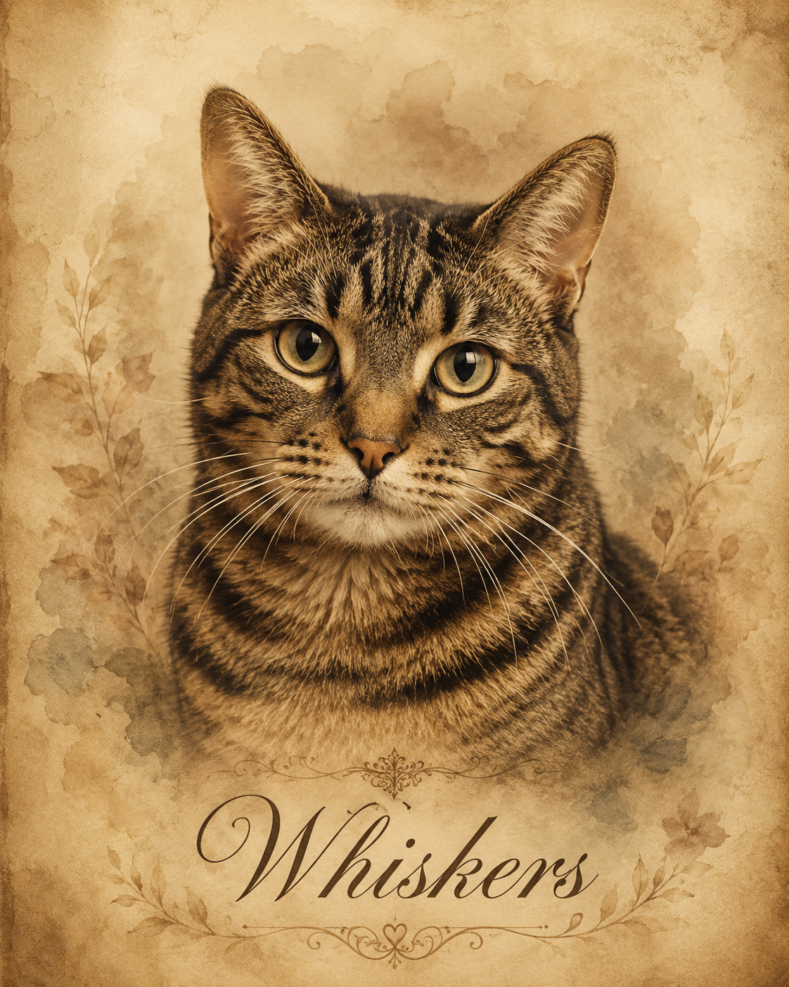 Vintage memorial pet portrait of a tabby cat named Whiskers in warm sepia heirloom keepsake style