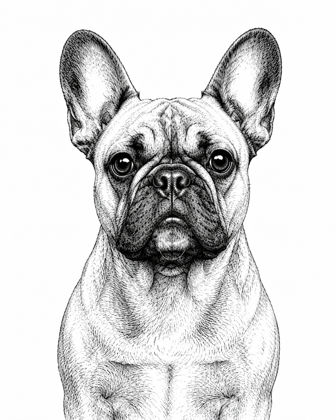 Ink sketch pet portrait of a French Bulldog — pen-and-ink line drawing made from a photo
