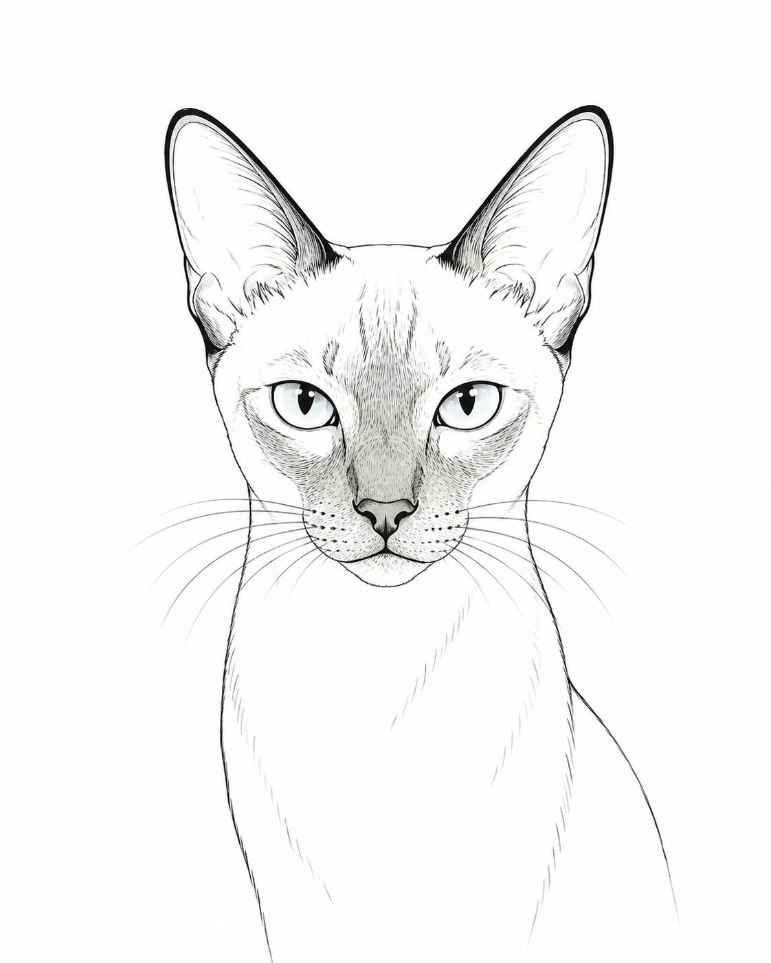Minimal line art pet portrait of a Siamese cat — clean custom line drawing made from a photo