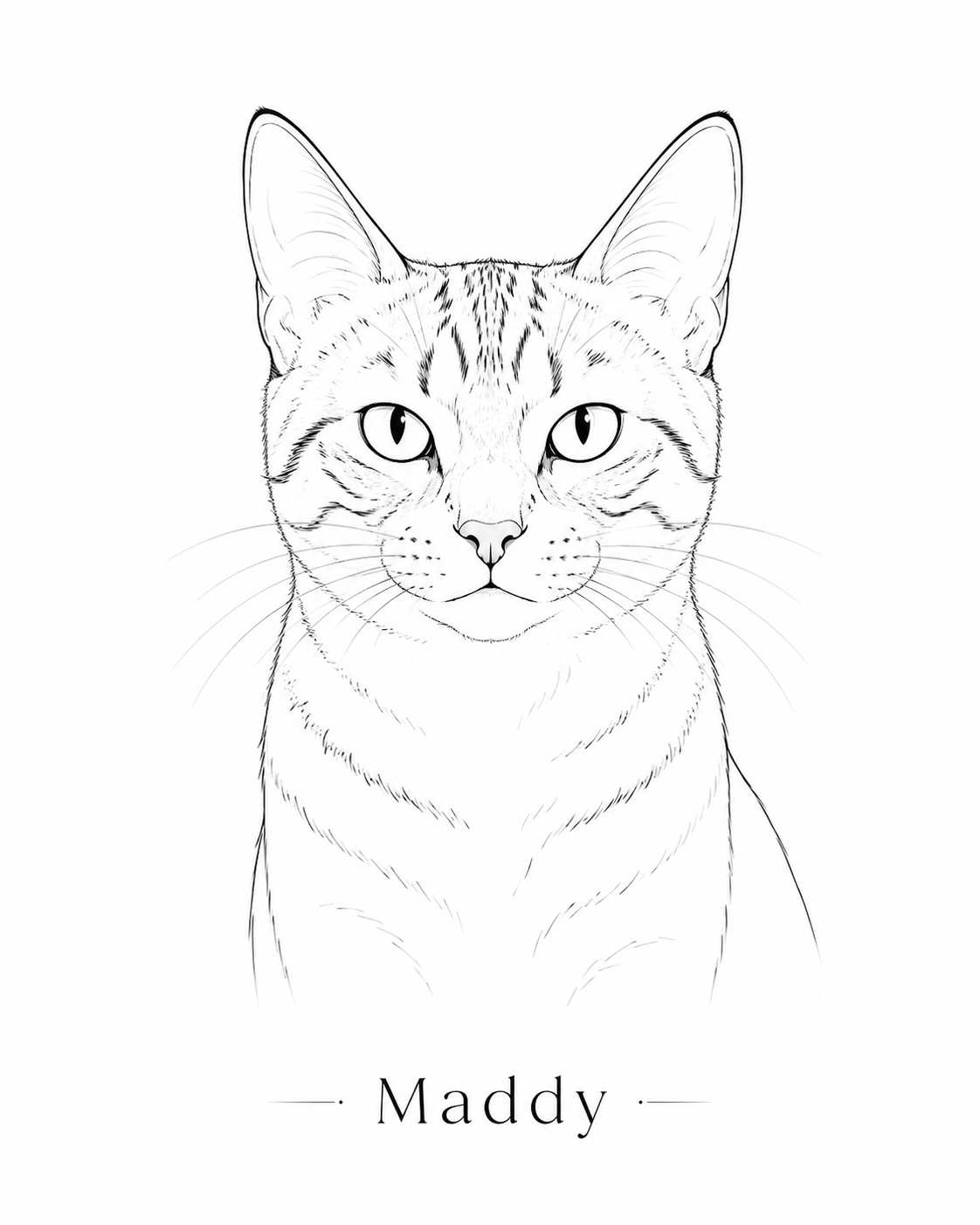 Minimal line art pet portrait of a tabby cat — clean custom line drawing made from a photo