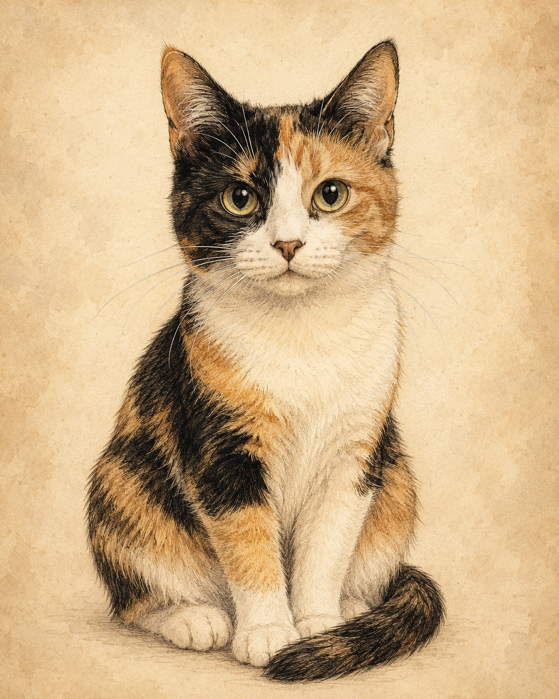 Storybook pet portrait — soft vintage illustrated pet sketch made from a photo